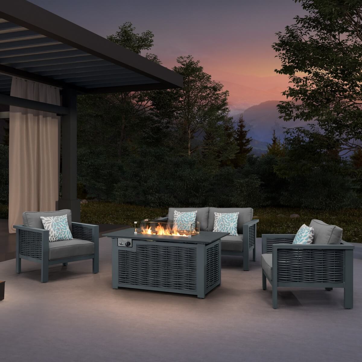 4 Seater Garden Fire Pit Sofa Set - Outdoor Rattan Sofa with Square Fire Pit Table