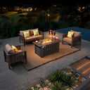 4 Seater Garden Fire Pit Sofa Set - Outdoor Rattan Sofa with Square Fire Pit Table