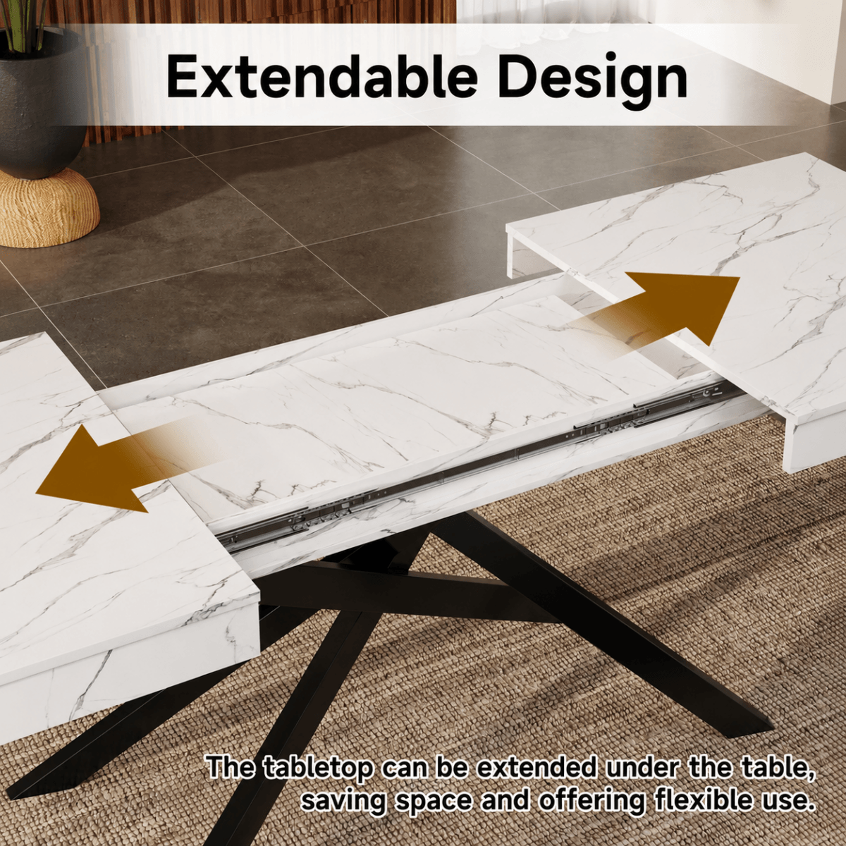 Extendable Dining Table for 6-8 - Modern Table with Marble Effect Tabletop & Metal Cross Legs, Rectangular Kitchen & Dining Room Table, White