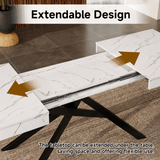 Extendable Dining Table for 6-8 - Modern Table with Marble Effect Tabletop & Metal Cross Legs, Rectangular Kitchen & Dining Room Table, White