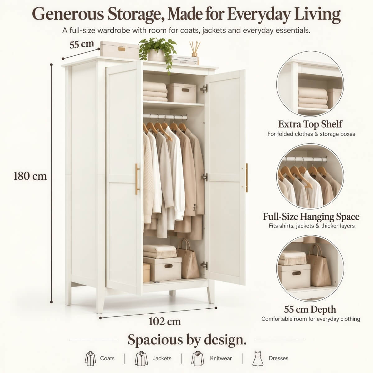 2-Door Freestanding Wardrobe - Hanging Rail, Storage Shelf, Gold Handles and Raised Legs, Cream White