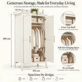 2-Door Freestanding Wardrobe - Hanging Rail, Storage Shelf, Gold Handles and Raised Legs, Cream White