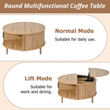 Round Lift Top Coffee Table with Vertical Slat Design - MDF Living Room Table with Hidden Storage and Sliding Door, Oak