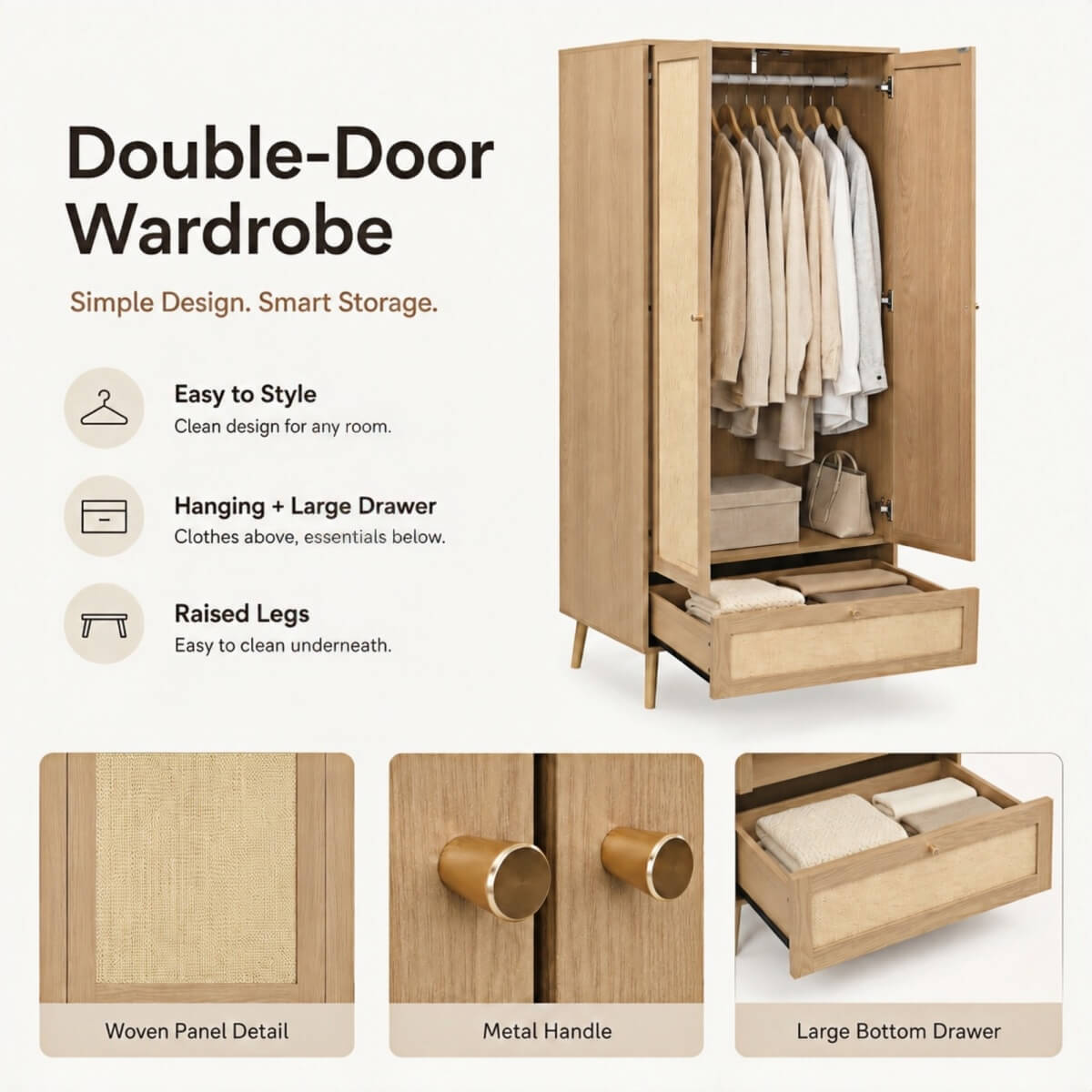 2 Door Rattan Effect Wardrobe with Drawer - Bedroom Storage Cabinet with Hanging Rail and Raised Legs, Natural Oak