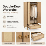 2 Door Rattan Effect Wardrobe with Drawer - Bedroom Storage Cabinet with Hanging Rail and Raised Legs, Natural Oak