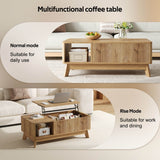 Modern Lift Top Coffee Table with 3D Wave Design - MDF Living Room Table with Open Side Storage Compartment, Oak