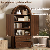 Rattan Effect Sideboard with 2 Drawers - Vintage Storage Cabinet with Arched Design for Living Room and Bedroom, Walnut