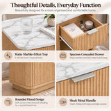 Set of 2 Modern Fluted Bedside Tables - Oak Effect with Marble Effect Tops, Drawer and Open Shelf