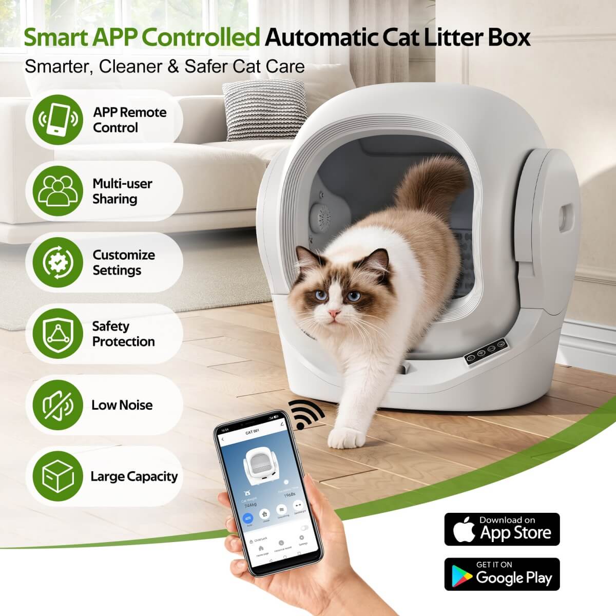 68L Smart Automatic Cat Litter Box with App Control - Self-Cleaning Litter Tray with 8L Waste Bin, Infrared Safety Sensor & Quiet Operation