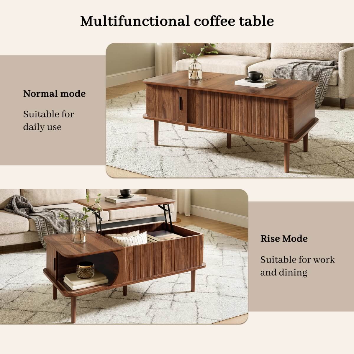 Retro Lift Top Coffee Table with Sliding Door - Walnut Effect Finish, Vertical Slat Design and Wooden Legs, Walnut