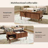 Retro Lift Top Coffee Table with Sliding Door - Walnut Effect Finish, Vertical Slat Design and Wooden Legs, Walnut