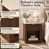 Set of 2 Modern Fluted Bedside Tables - Walnut Effect with Travertine Effect Tops, Drawer and Open Shelf