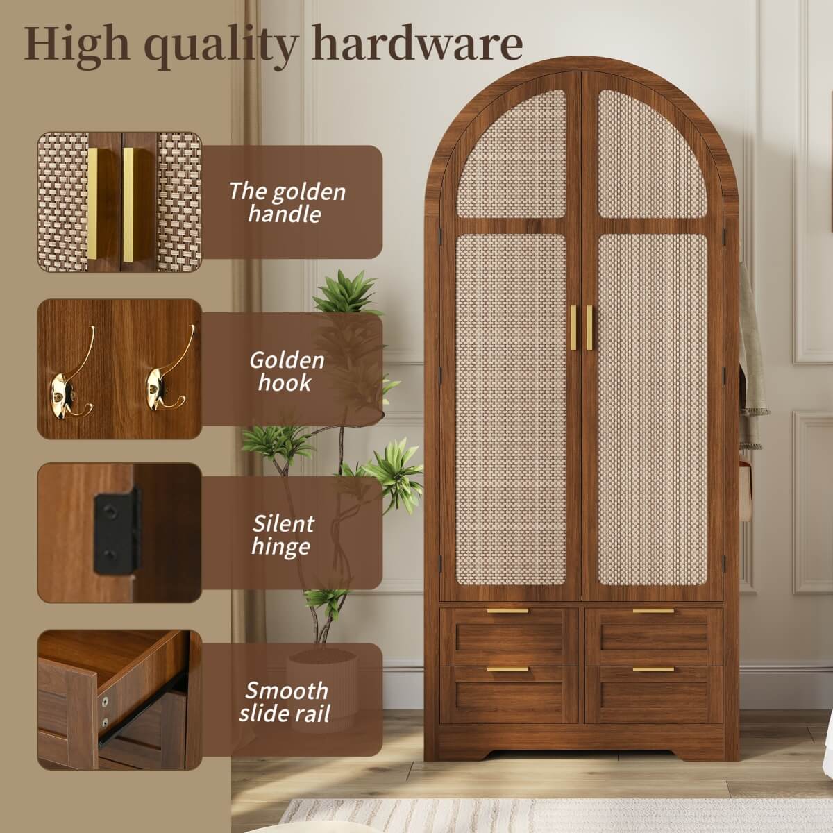 Modern Wardrobe with Curved Doors - Bedroom Storage Cabinet with Hanging Rail and Drawers, Walnut