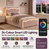 3ft Single Velvet Ottoman Storage Bed - Upholstered Hydraulic Bed with LED Lights, Wave Headboard and Metal Slatted Base, Pink