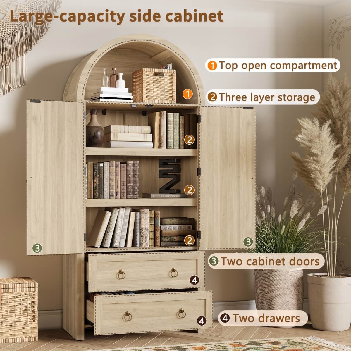 Rattan Effect Sideboard with 2 Drawers - Vintage Storage Cabinet with Arched Design for Living Room and Bedroom, Oak