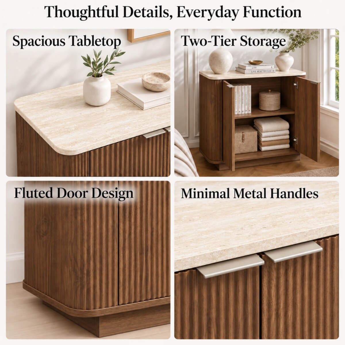 Fluted 2-Door Sideboard - Walnut Effect with Travertine Effect Top, 2-Tier Shelves, Rounded Corners and Metal Handles
