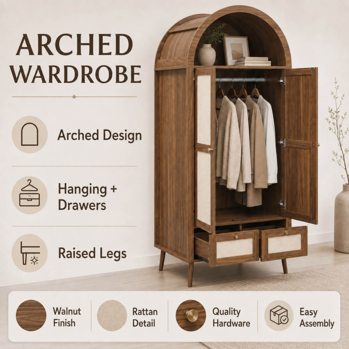 180cm Rattan Effect 2 Door Wardrobe with Arched Top - Walnut and Beige Storage Wardrobe with Hanging Rail, Display Shelf and 2 Drawers