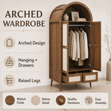 180cm Rattan Effect 2 Door Wardrobe with Arched Top - Walnut and Beige Storage Wardrobe with Hanging Rail, Display Shelf and 2 Drawers