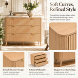 3-Drawer Chest of Drawers - Fluted Bedroom Storage Unit with Rounded Corners, Gold Handles and 4 Solid Wood Legs, Natural Oak Effect