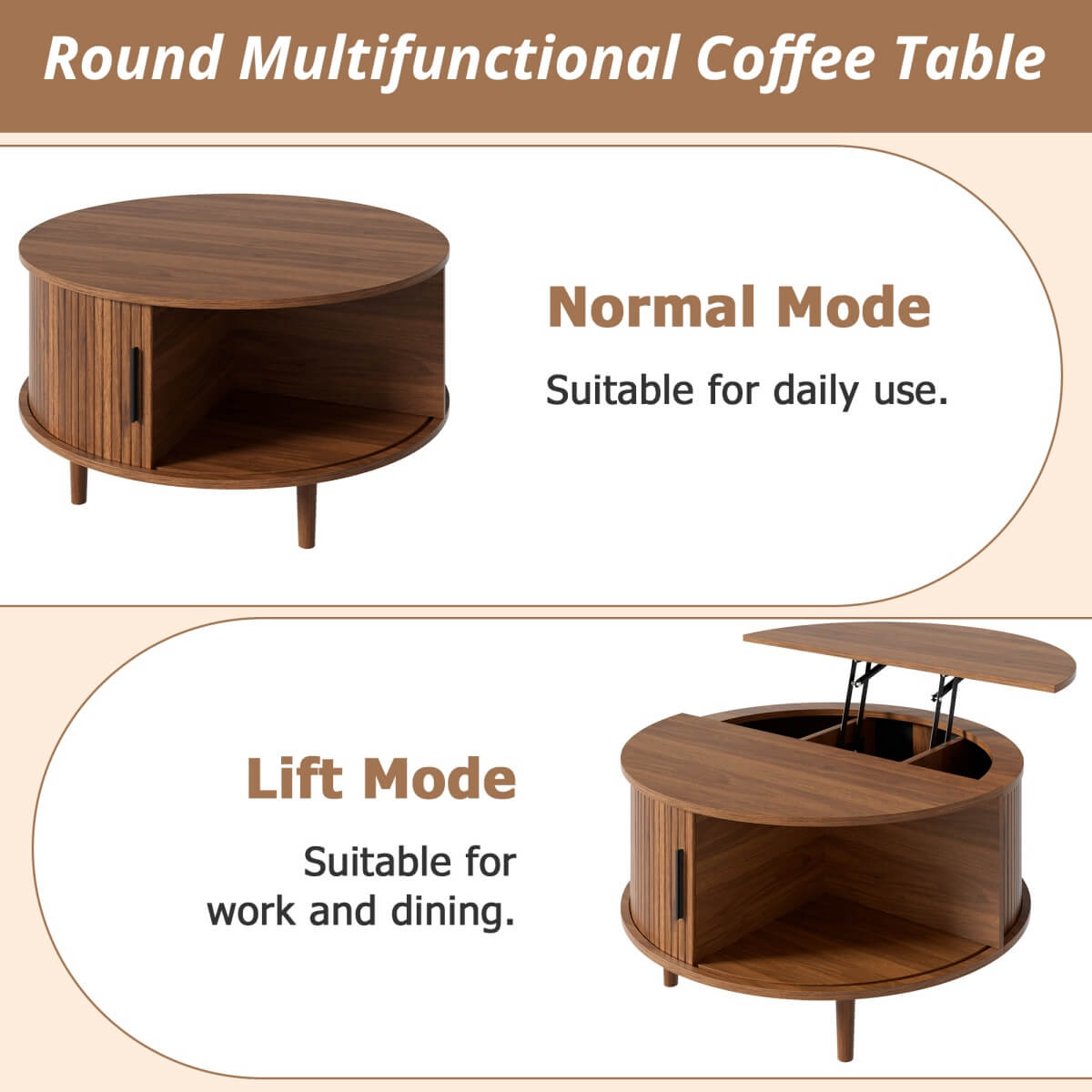 Round Lift Top Coffee Table with Vertical Slat Design - MDF Living Room Table with Hidden Storage and Sliding Door, Walnut