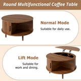 Round Lift Top Coffee Table with Vertical Slat Design - MDF Living Room Table with Hidden Storage and Sliding Door, Walnut