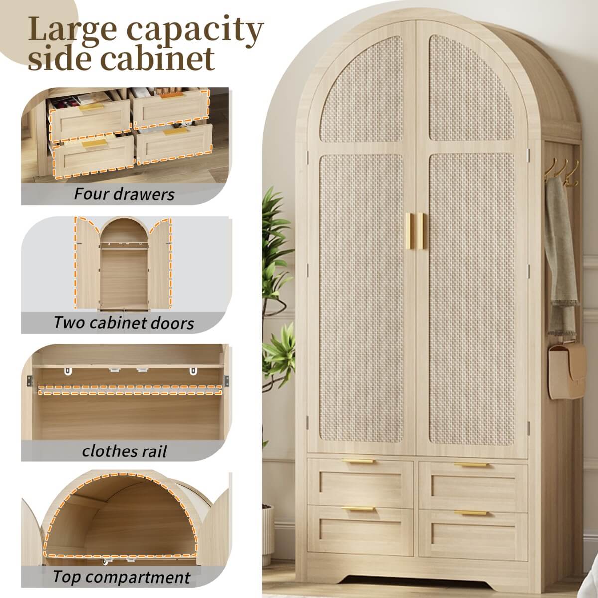Modern Wardrobe with Curved Doors - Bedroom Storage Cabinet with Hanging Rail and Drawers, Oak