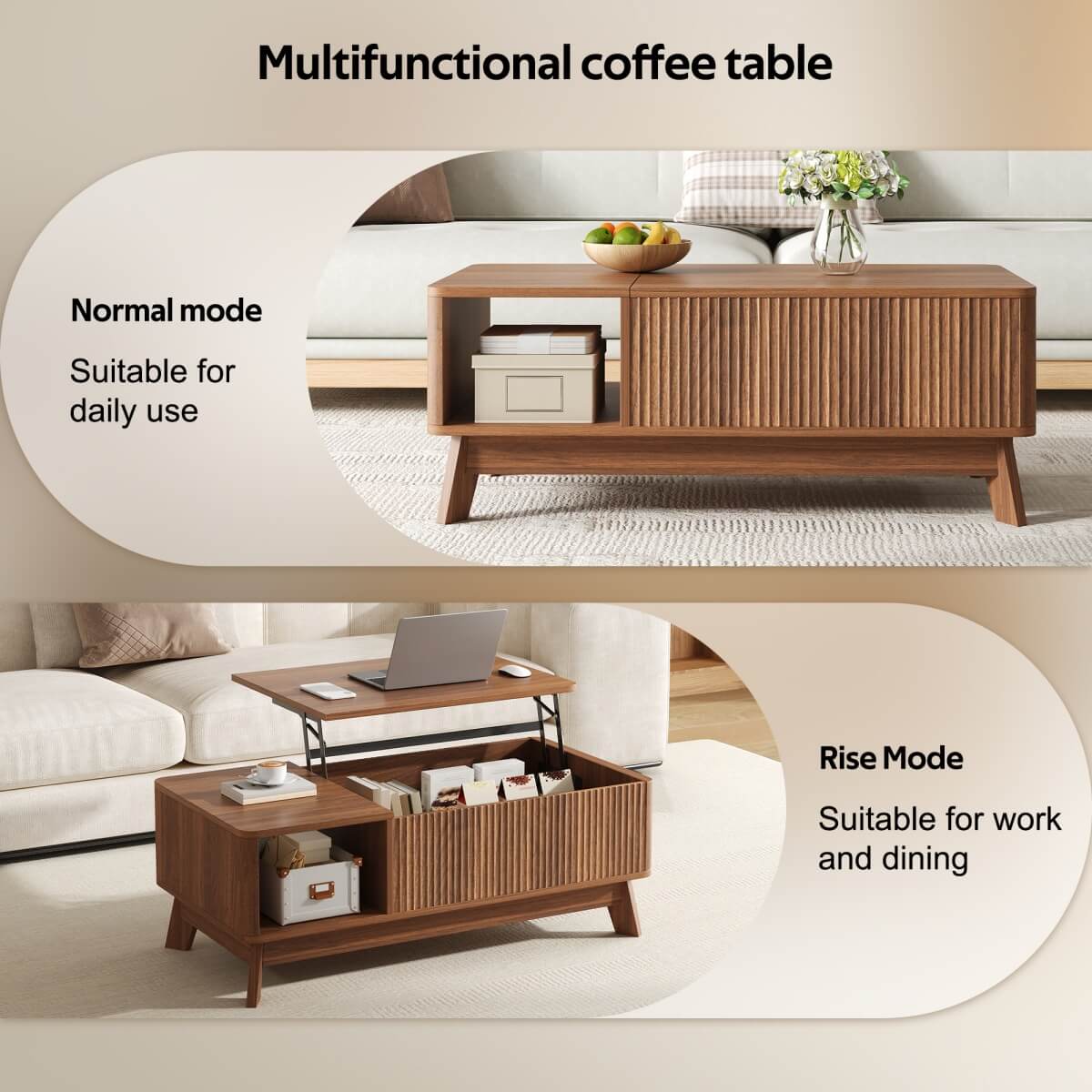 Modern Lift Top Coffee Table with 3D Wave Design - MDF Living Room Table with Open Side Storage Compartment, Walnut