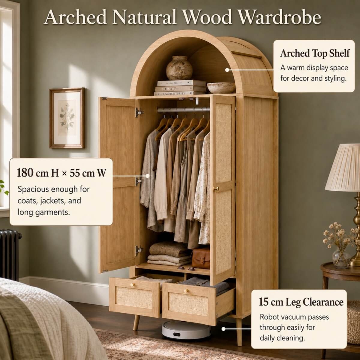 180cm Rattan Effect 2 Door Wardrobe with Arched Top - Natural Oak Storage Wardrobe with Hanging Rail, Display Shelf and 2 Drawers