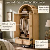 180cm Rattan Effect 2 Door Wardrobe with Arched Top - Natural Oak Storage Wardrobe with Hanging Rail, Display Shelf and 2 Drawers