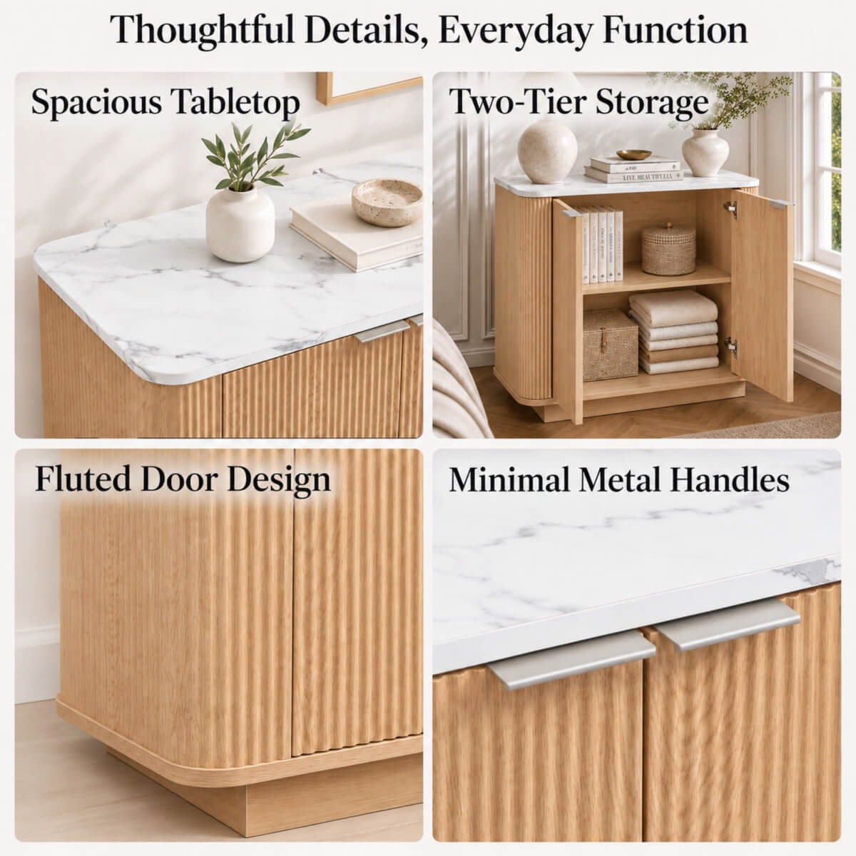 Fluted 2-Door Sideboard - Oak Effect with Marble Effect Top, 2-Tier Shelves, Rounded Corners and Metal Handles