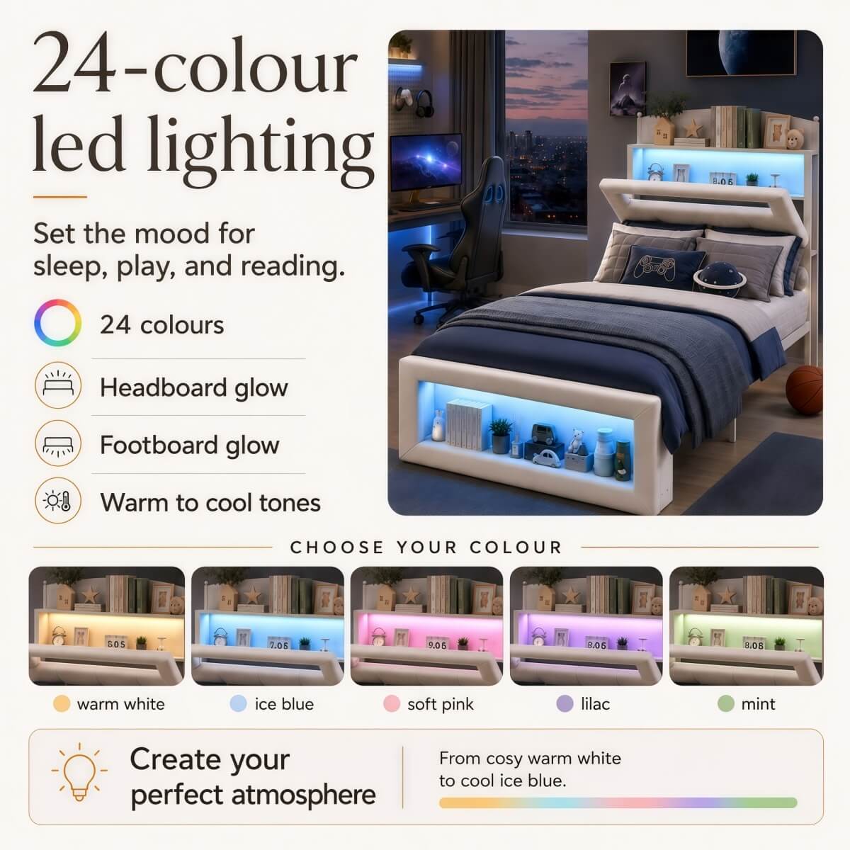 3ft Single Upholstered Storage Bed with LED Lights - Storage Headboard and Footboard, Velvet, Cream White