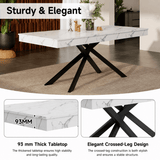Extendable Dining Table for 6-8 - Modern Table with Marble Effect Tabletop & Metal Cross Legs, Rectangular Kitchen & Dining Room Table, White