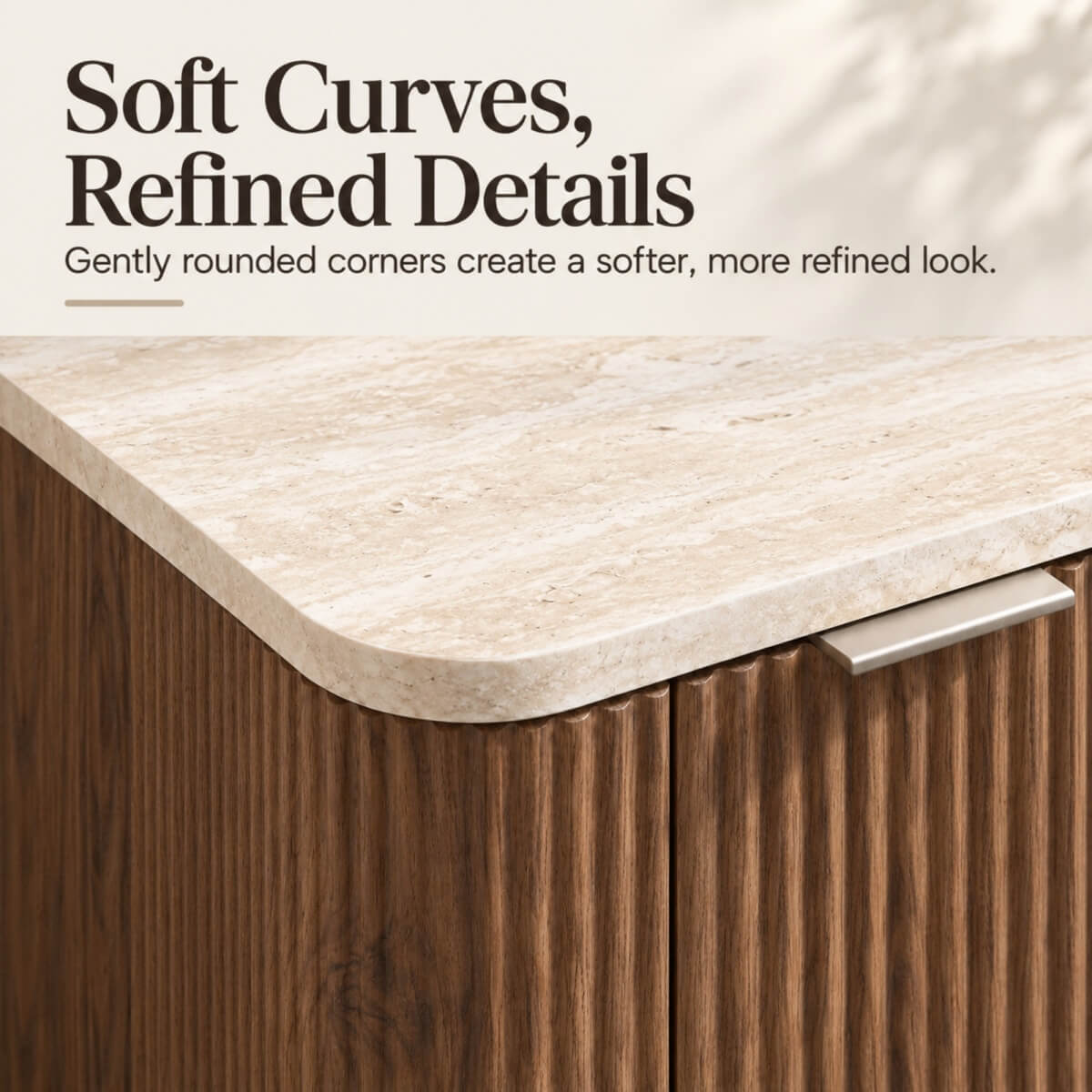 Fluted 2-Door Sideboard - Walnut Effect with Travertine Effect Top, 2-Tier Shelves, Rounded Corners and Metal Handles