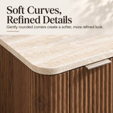 Fluted 2-Door Sideboard - Walnut Effect with Travertine Effect Top, 2-Tier Shelves, Rounded Corners and Metal Handles