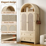 Rattan Effect Sideboard with 2 Drawers - Vintage Storage Cabinet with Arched Design for Living Room and Bedroom, Oak