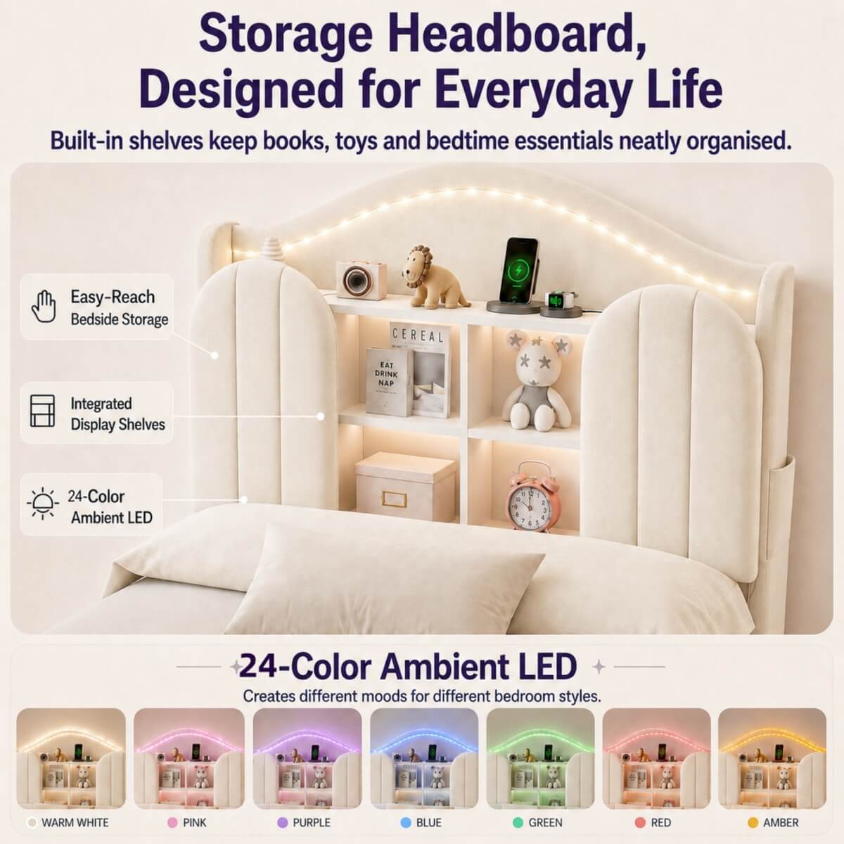 3ft Single Kids Upholstered Bed - House-Inspired LED Storage Headboard, Charging Station and 2 Reversible Drawers, Cream White