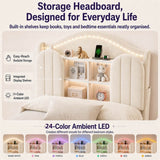 3ft Single Kids Upholstered Bed - House-Inspired LED Storage Headboard, Charging Station and 2 Reversible Drawers, Cream White