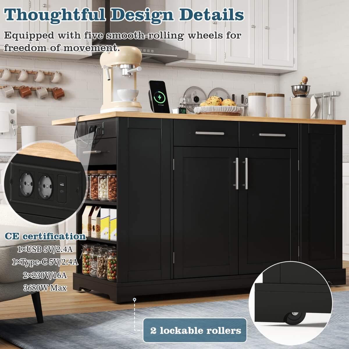 138cm Kitchen Island on Wheels with Folding Worktop - Mobile Kitchen Cabinet with Pull-Out Bin & Power Outlet