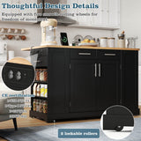 138cm Kitchen Island on Wheels with Folding Worktop - Mobile Kitchen Cabinet with Pull-Out Bin & Power Outlet