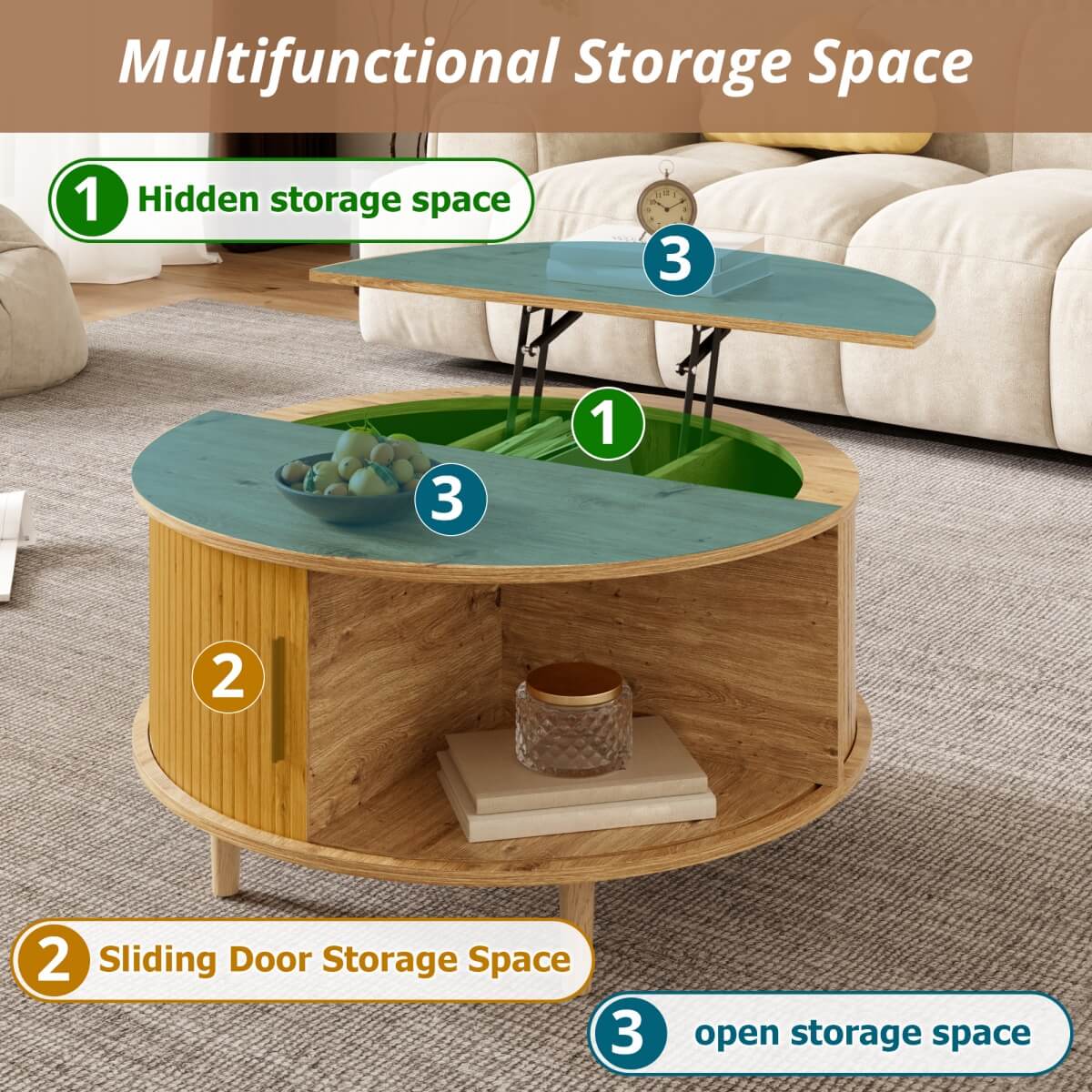 Round Lift Top Coffee Table with Vertical Slat Design - MDF Living Room Table with Hidden Storage and Sliding Door, Oak