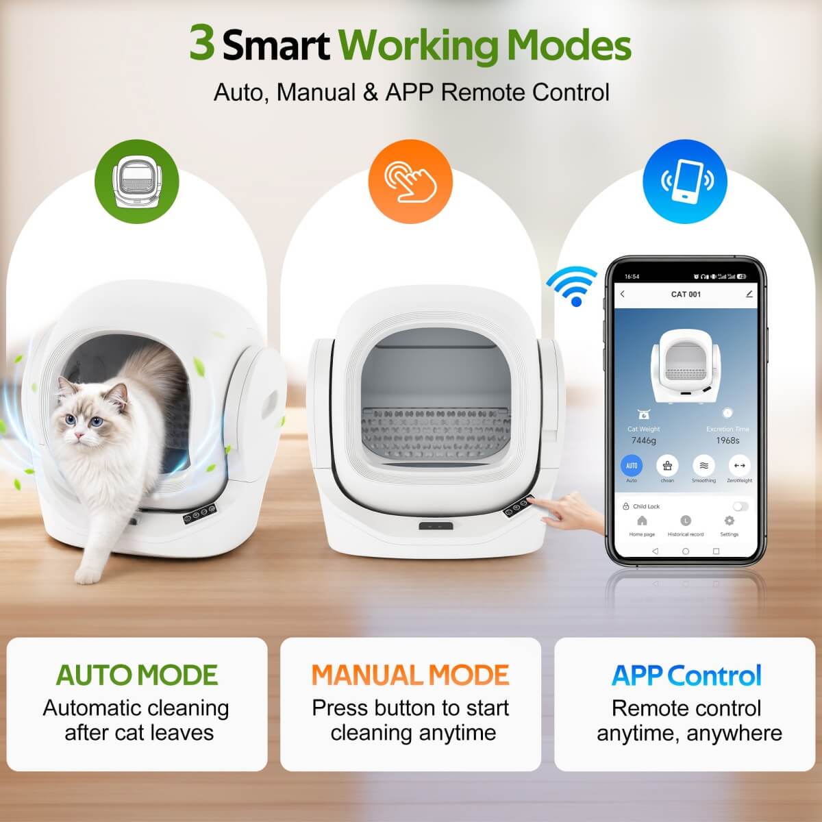 68L Smart Automatic Cat Litter Box with App Control - Self-Cleaning Litter Tray with 8L Waste Bin, Infrared Safety Sensor & Quiet Operation