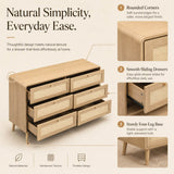 120cm 6 Drawer Chest of Drawers - Rattan Effect Bedroom Storage Dresser with Rounded Corners and Raised Legs, Natural Oak