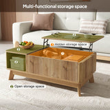 Modern Lift Top Coffee Table with 3D Wave Design - MDF Living Room Table with Open Side Storage Compartment, Oak
