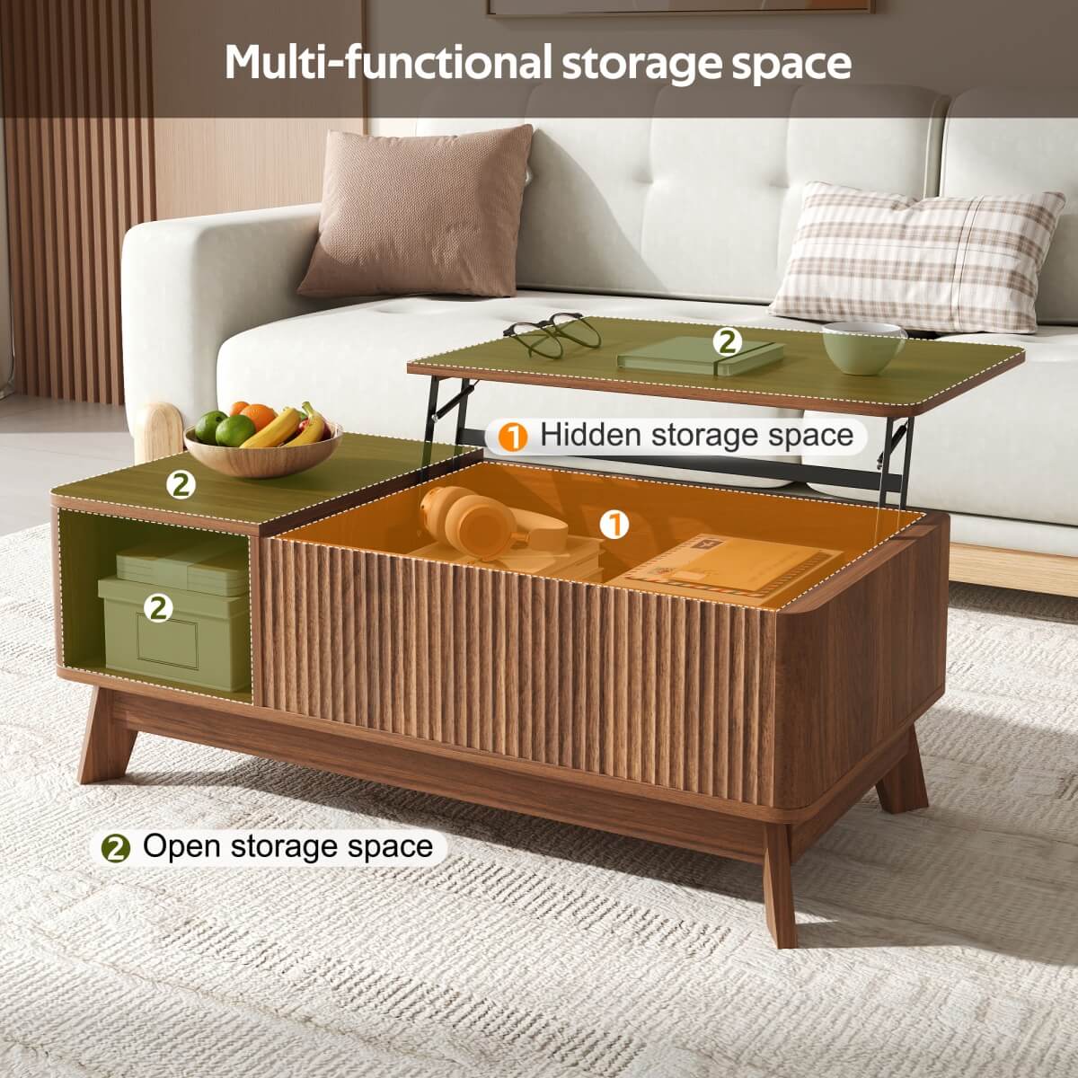 Modern Lift Top Coffee Table with 3D Wave Design - MDF Living Room Table with Open Side Storage Compartment, Walnut