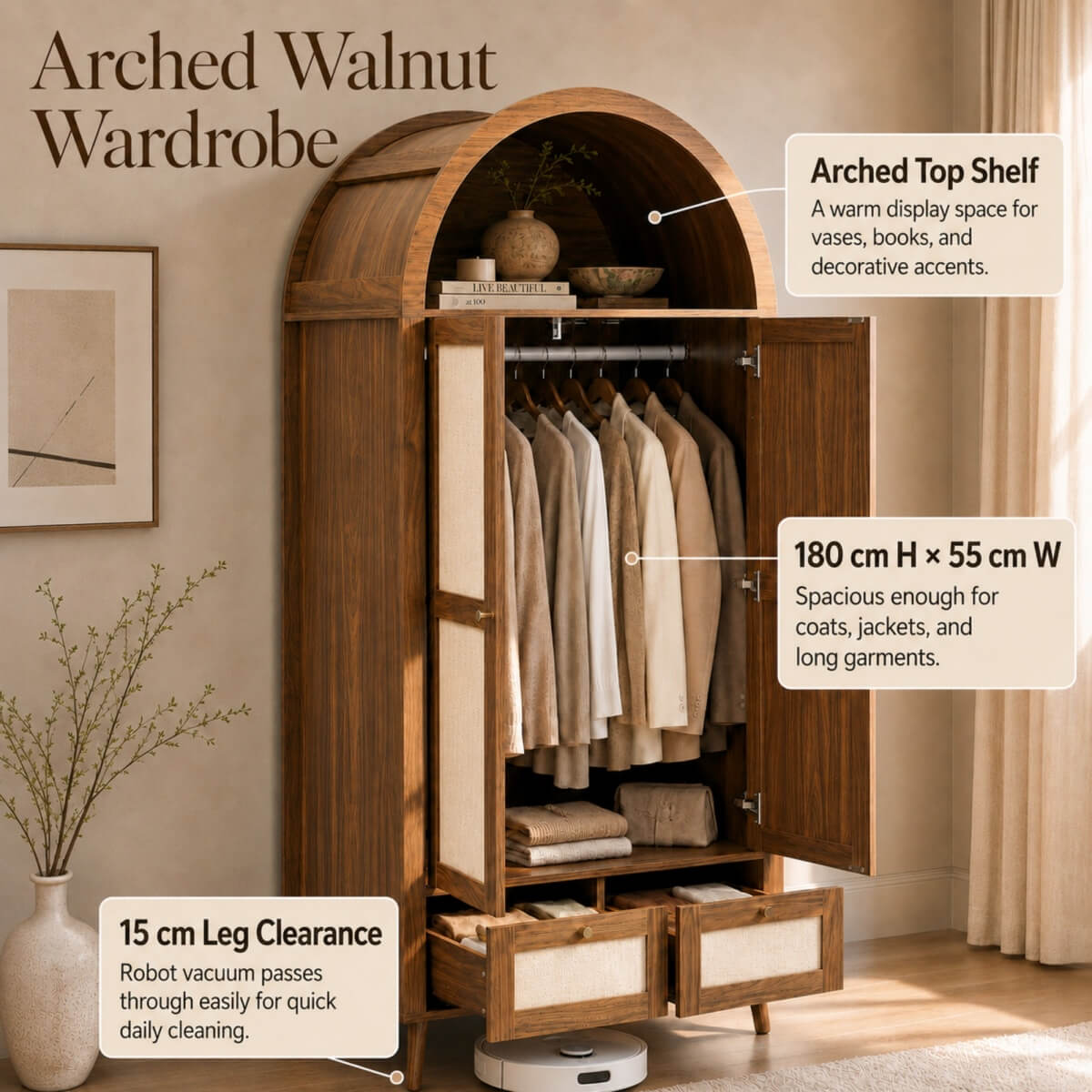 180cm Rattan Effect 2 Door Wardrobe with Arched Top - Walnut and Beige Storage Wardrobe with Hanging Rail, Display Shelf and 2 Drawers