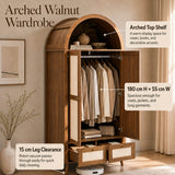 180cm Rattan Effect 2 Door Wardrobe with Arched Top - Walnut and Beige Storage Wardrobe with Hanging Rail, Display Shelf and 2 Drawers