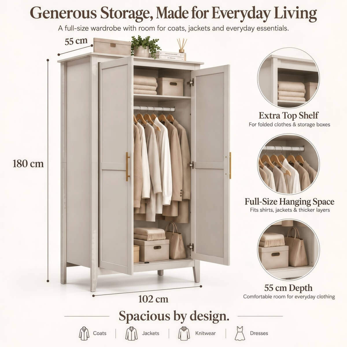 2-Door Freestanding Wardrobe - Hanging Rail, Storage Shelf, Gold Handles and Raised Legs, Cashmere