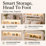 3ft Single Upholstered Storage Bed with LED Lights - Storage Headboard and Footboard, Velvet, Cream White
