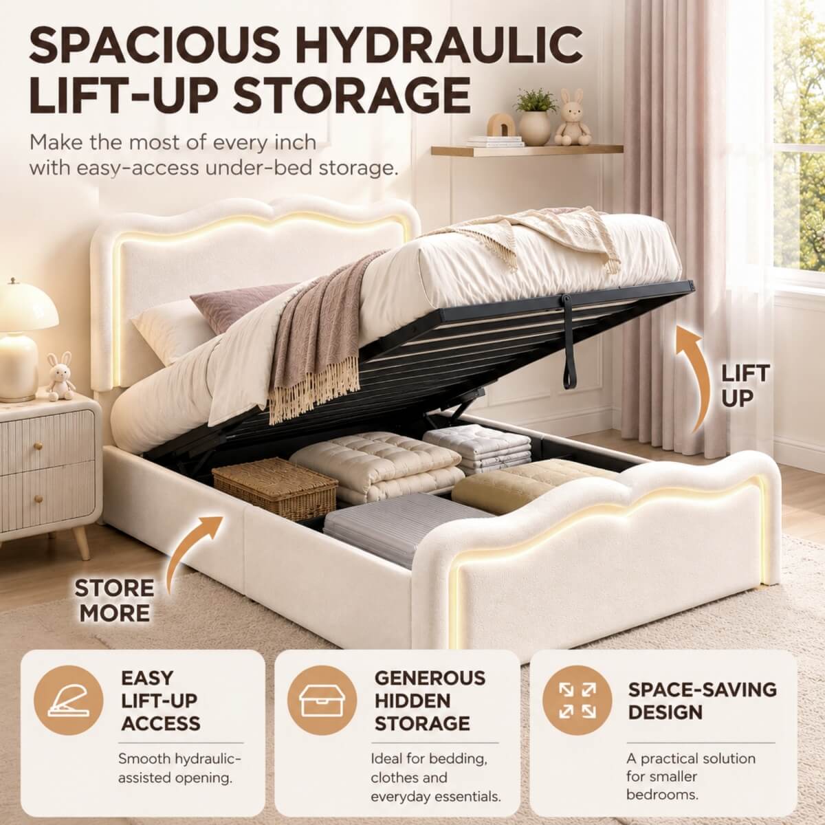 3ft Single Velvet Ottoman Storage Bed - Upholstered Hydraulic Bed with LED Lights, Wave Headboard and Metal Slatted Base, Cream White