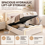 3ft Single Velvet Ottoman Storage Bed - Upholstered Hydraulic Bed with LED Lights, Wave Headboard and Metal Slatted Base, Cream White